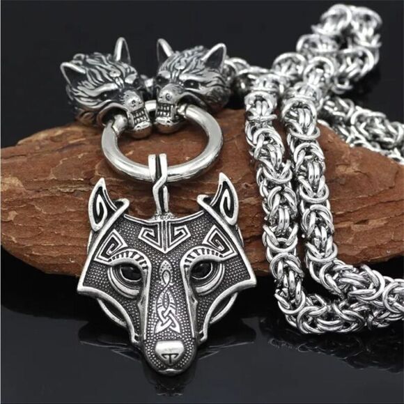 Zinc Alloy Viking Style Wolf Head Pendant Necklace, Retro Amulet Jewelry - Picture 2 of 14